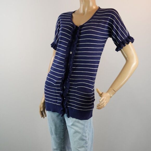 Gap Knit Top Navy Blue White Pinstripe Button Front Short Sleeve Tunic Womens M - Picture 6 of 10